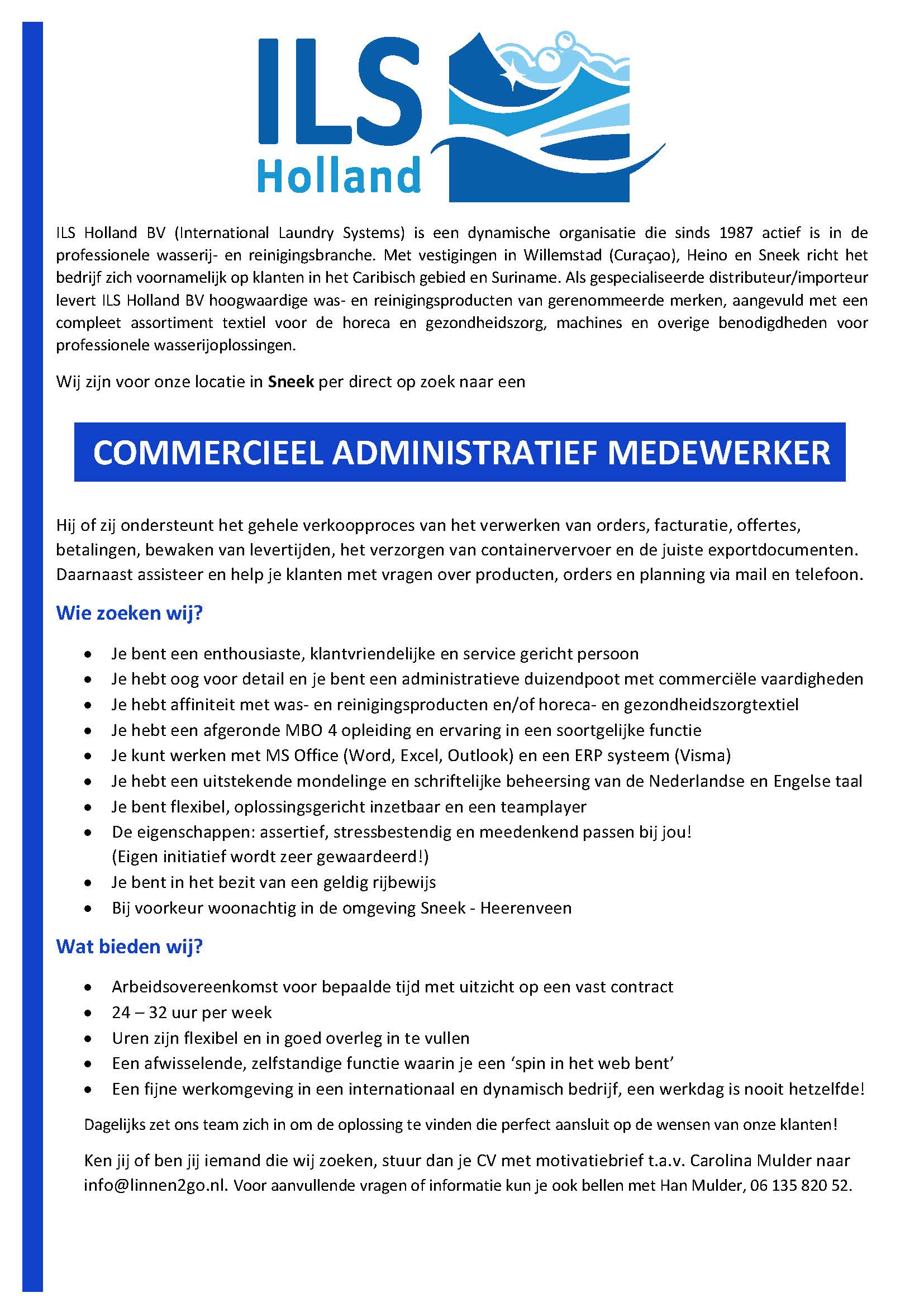 Advertentie vacature ILS - Commercieel Administratief Medewerker 2026